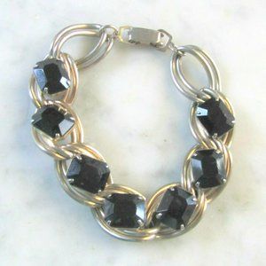 Jet Black Glass Link Chunky Silver Tone Bracelet